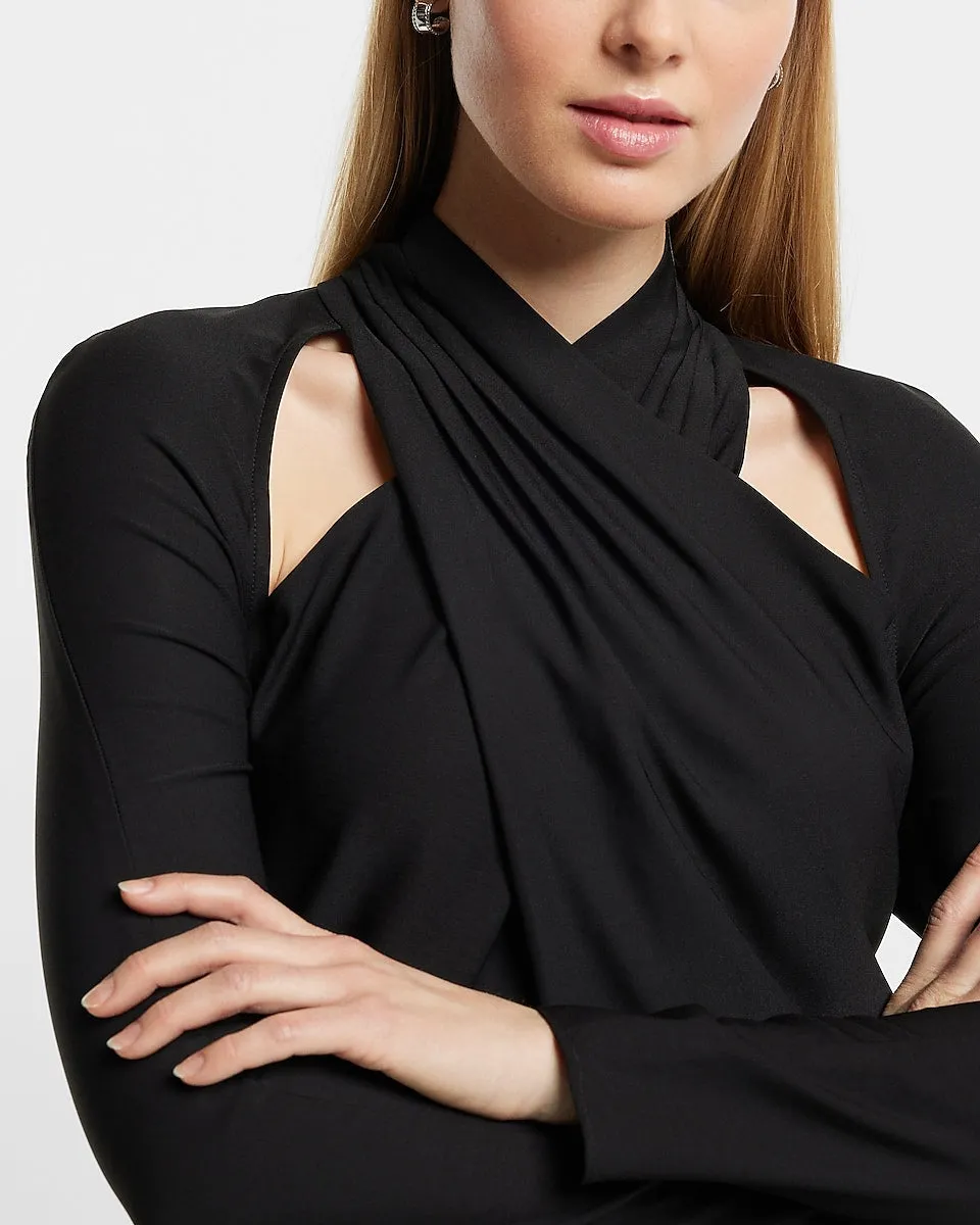Twist Neck Cutout Long Sleeve Open Back Top in Pitch Black