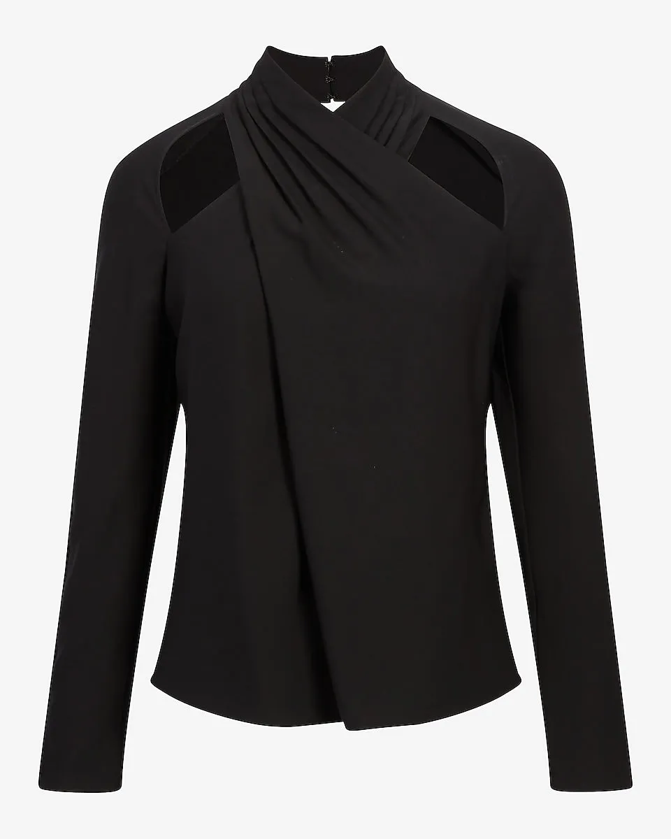Twist Neck Cutout Long Sleeve Open Back Top in Pitch Black