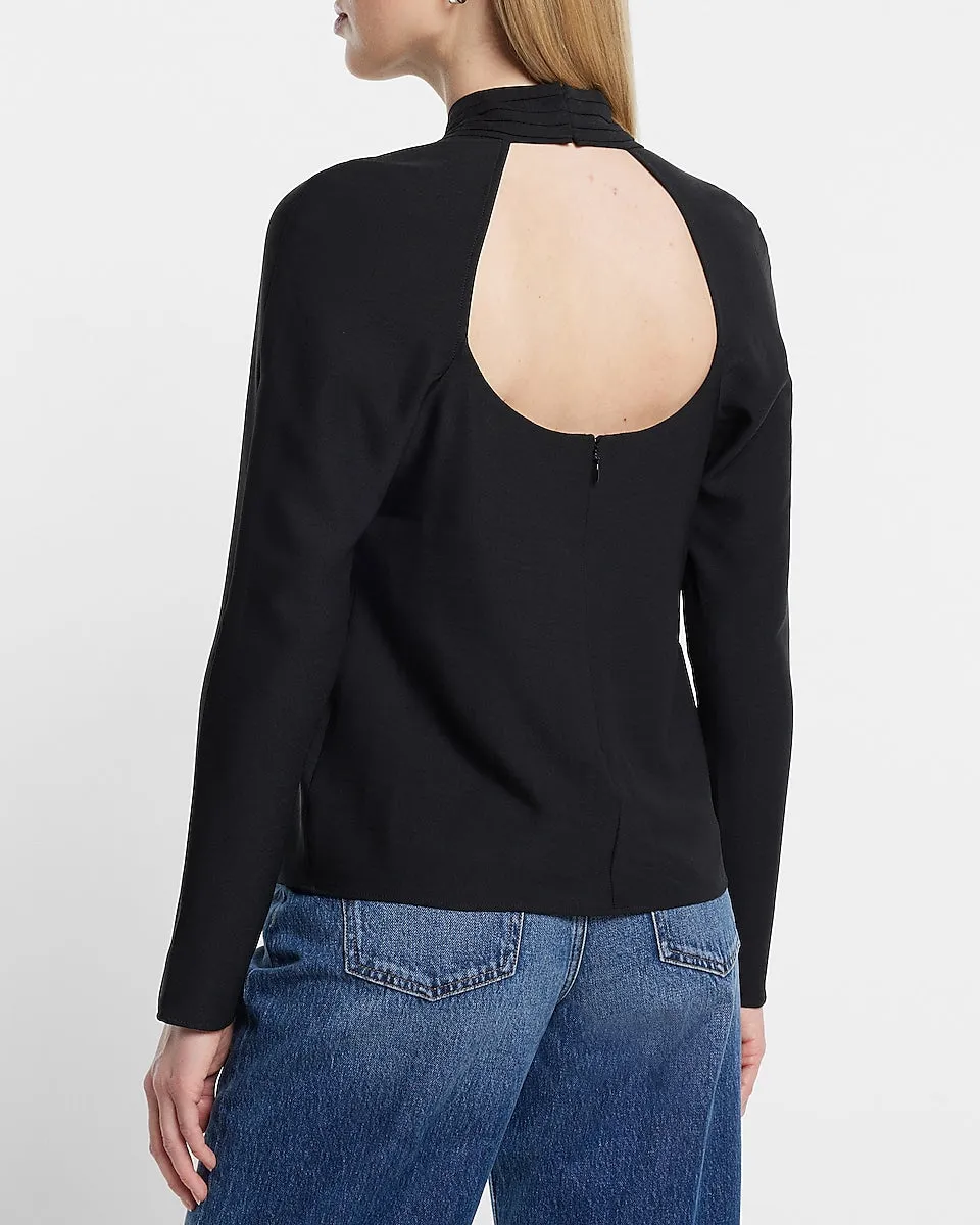 Twist Neck Cutout Long Sleeve Open Back Top in Pitch Black