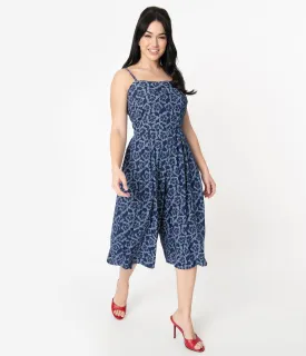 Unique Vintage Navy Blue Embroidered Floral Nancy Romper