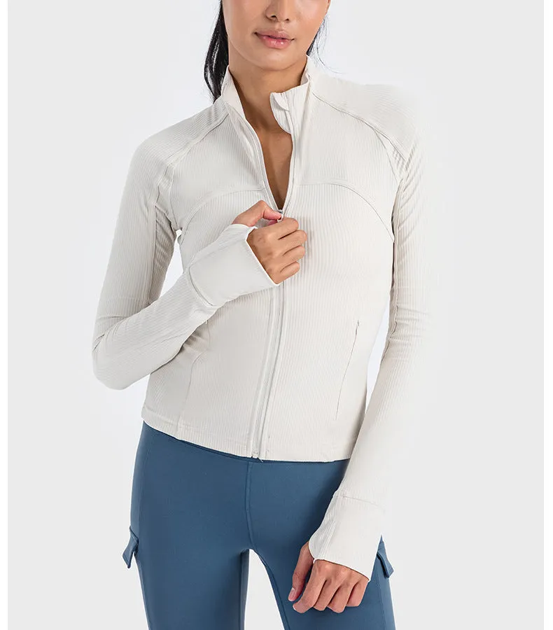 Vertical Rib High Elastic Tight Wicking Wet Yoga Jacket Sports Running Zipper Short Jacket