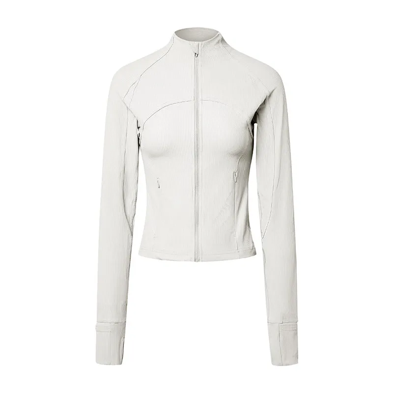 Vertical Rib High Elastic Tight Wicking Wet Yoga Jacket Sports Running Zipper Short Jacket