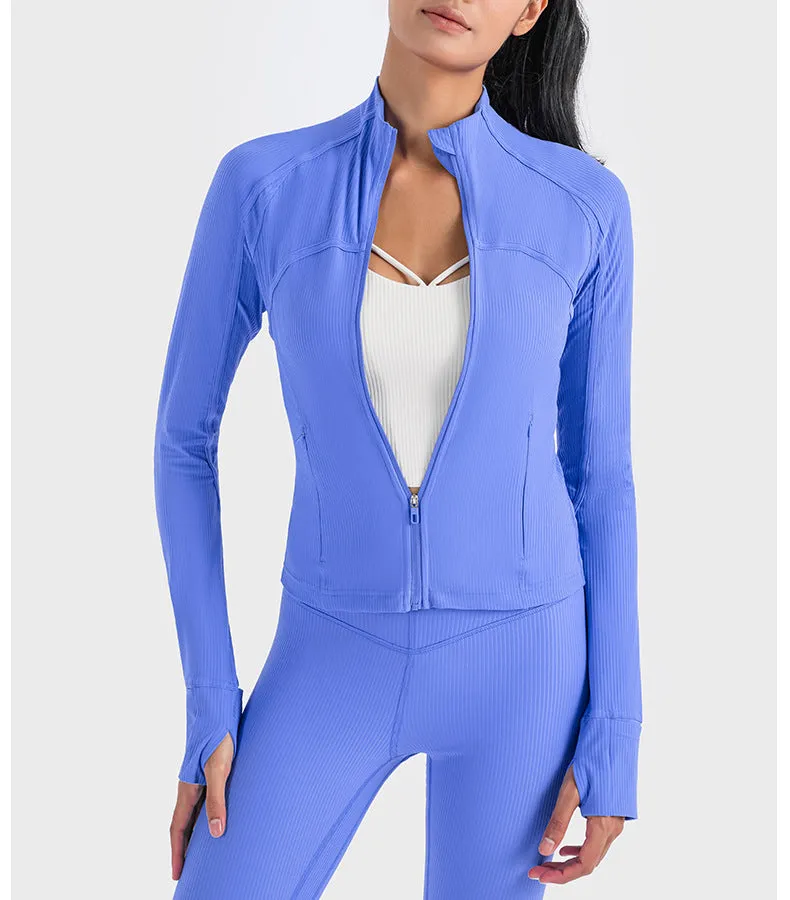 Vertical Rib High Elastic Tight Wicking Wet Yoga Jacket Sports Running Zipper Short Jacket