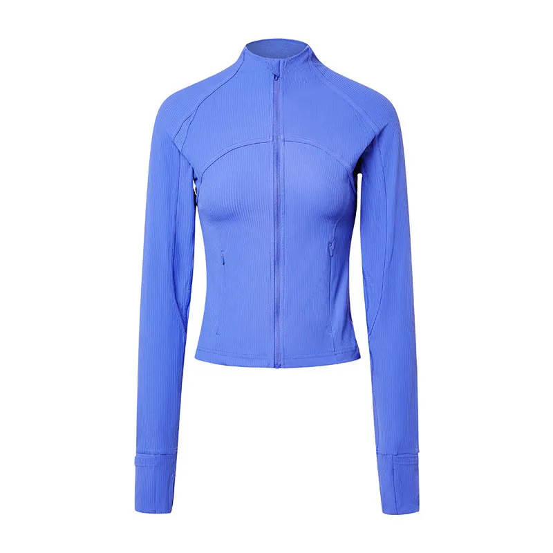 Vertical Rib High Elastic Tight Wicking Wet Yoga Jacket Sports Running Zipper Short Jacket