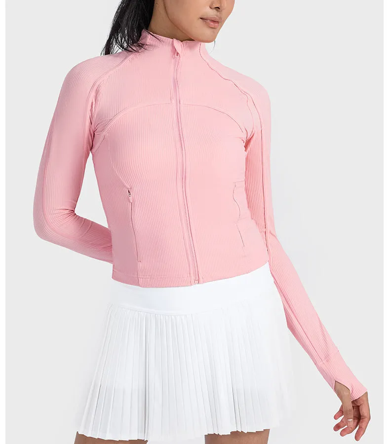 Vertical Rib High Elastic Tight Wicking Wet Yoga Jacket Sports Running Zipper Short Jacket