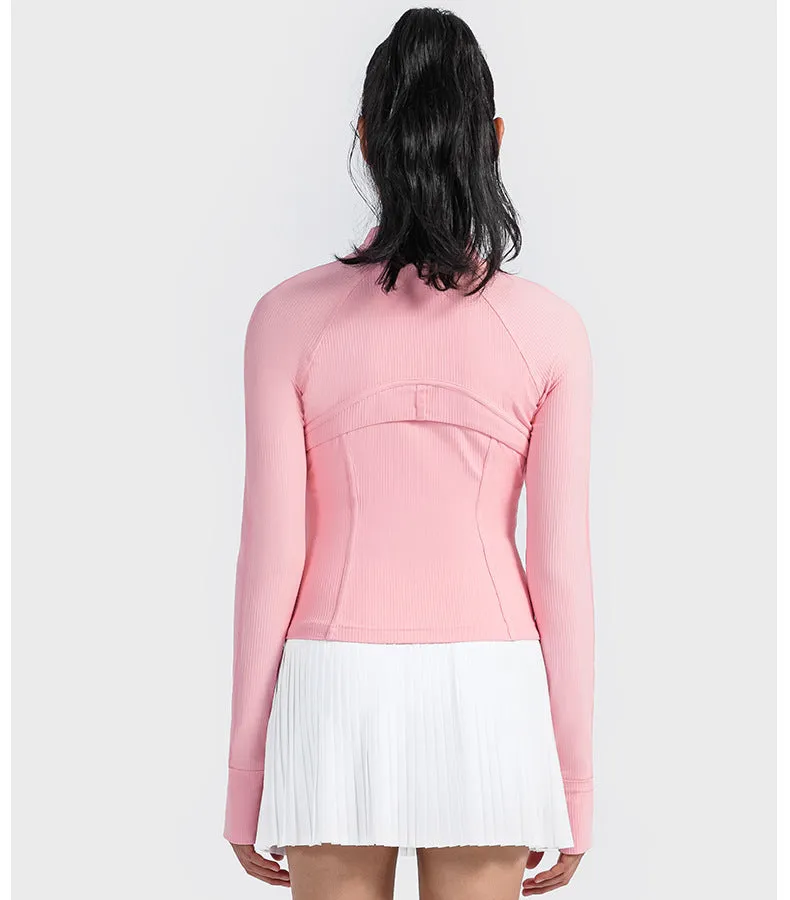 Vertical Rib High Elastic Tight Wicking Wet Yoga Jacket Sports Running Zipper Short Jacket