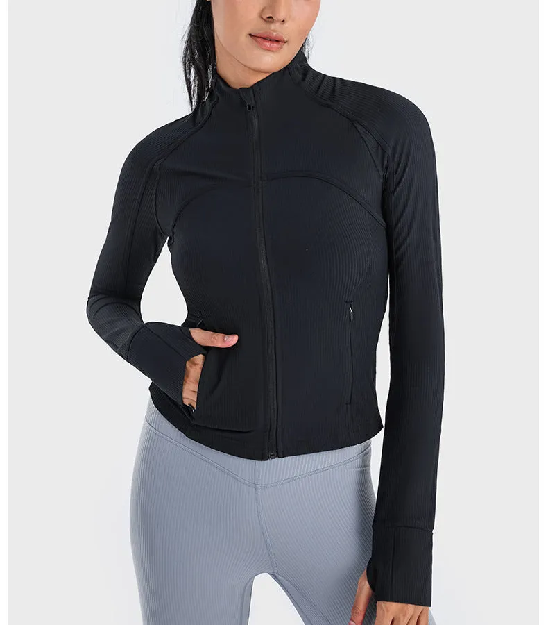 Vertical Rib High Elastic Tight Wicking Wet Yoga Jacket Sports Running Zipper Short Jacket