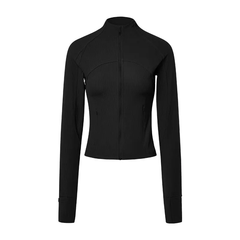 Vertical Rib High Elastic Tight Wicking Wet Yoga Jacket Sports Running Zipper Short Jacket
