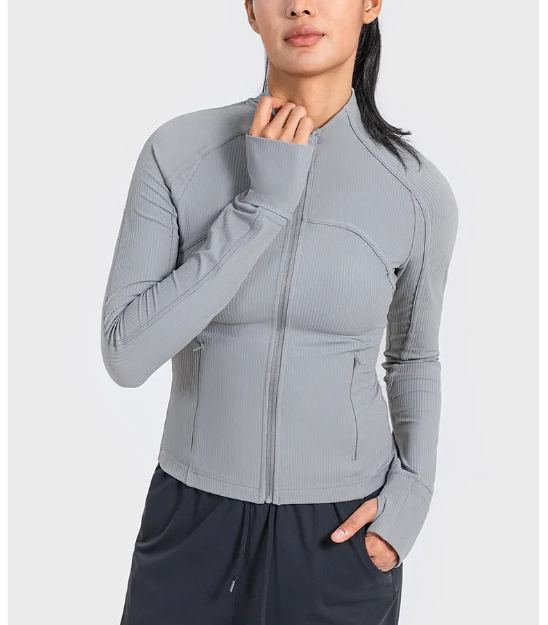 Vertical Rib High Elastic Tight Wicking Wet Yoga Jacket Sports Running Zipper Short Jacket