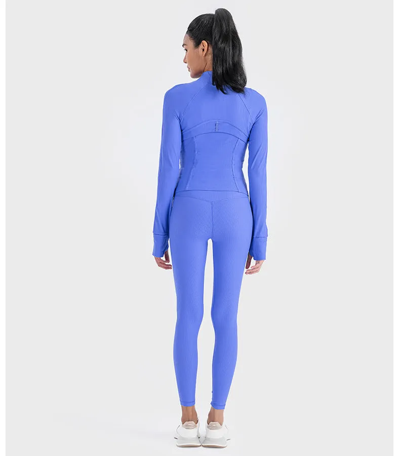 Vertical Rib High Elastic Tight Wicking Wet Yoga Jacket Sports Running Zipper Short Jacket