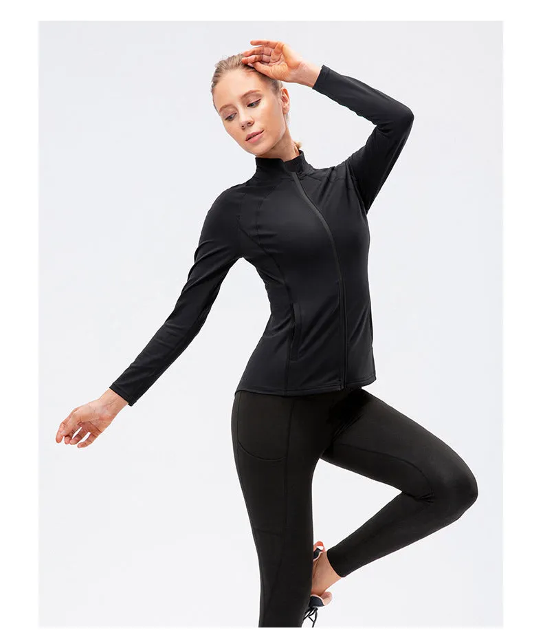 Women Autumn Winter Yoga Jacket Nylon Sportswear Tight Elastic Running Zipper Workout Clothes Long Sleeve