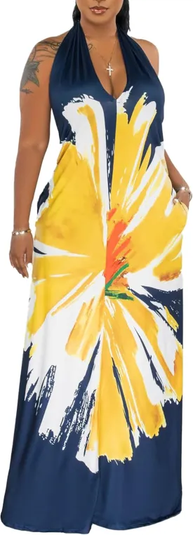Womens Sexy Summer Dresses Halter Neck Plus Size Long Maxi Dress Casual Floral Beach Sun Dresses with Pockets