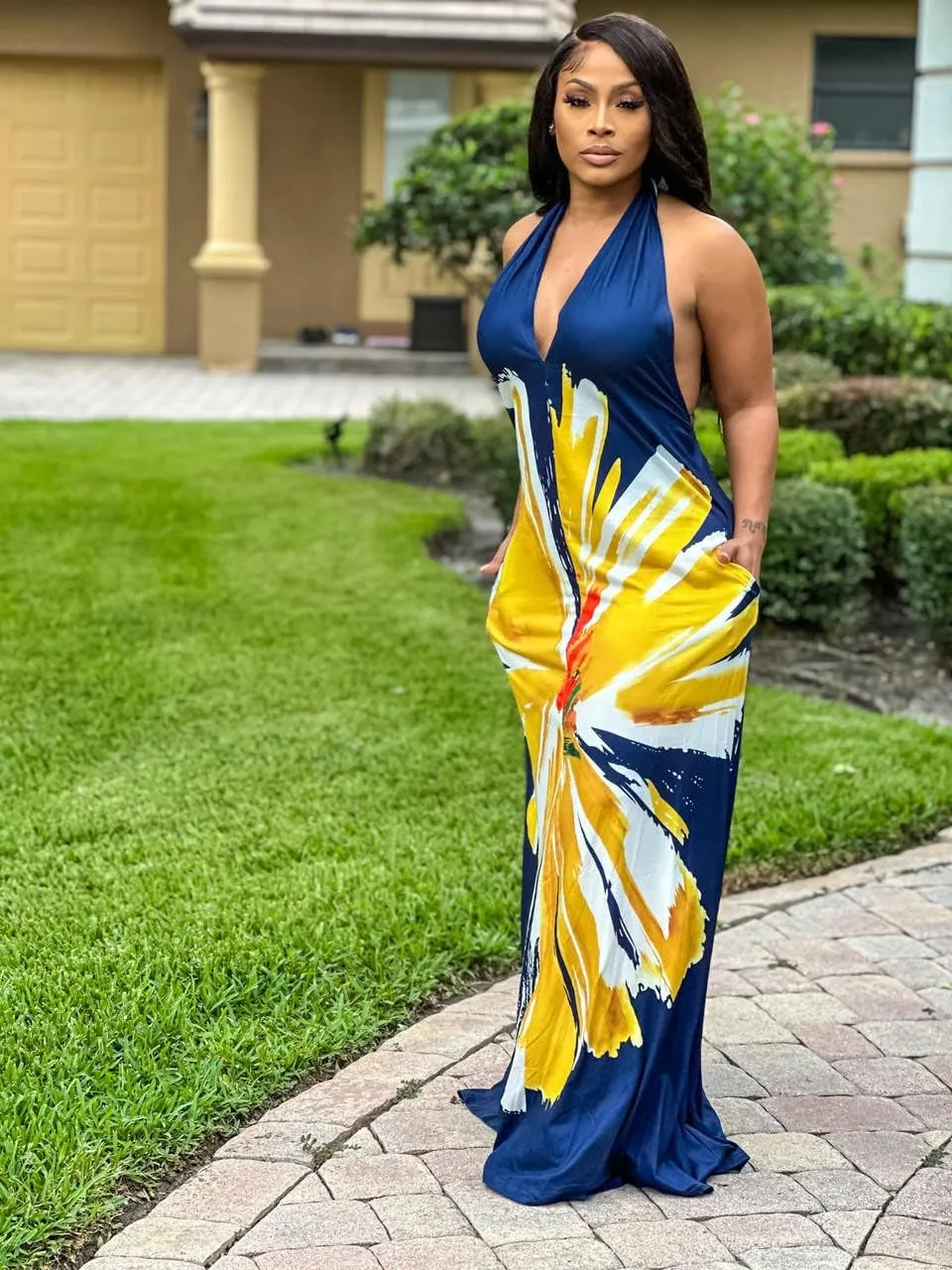 Womens Sexy Summer Dresses Halter Neck Plus Size Long Maxi Dress Casual Floral Beach Sun Dresses with Pockets