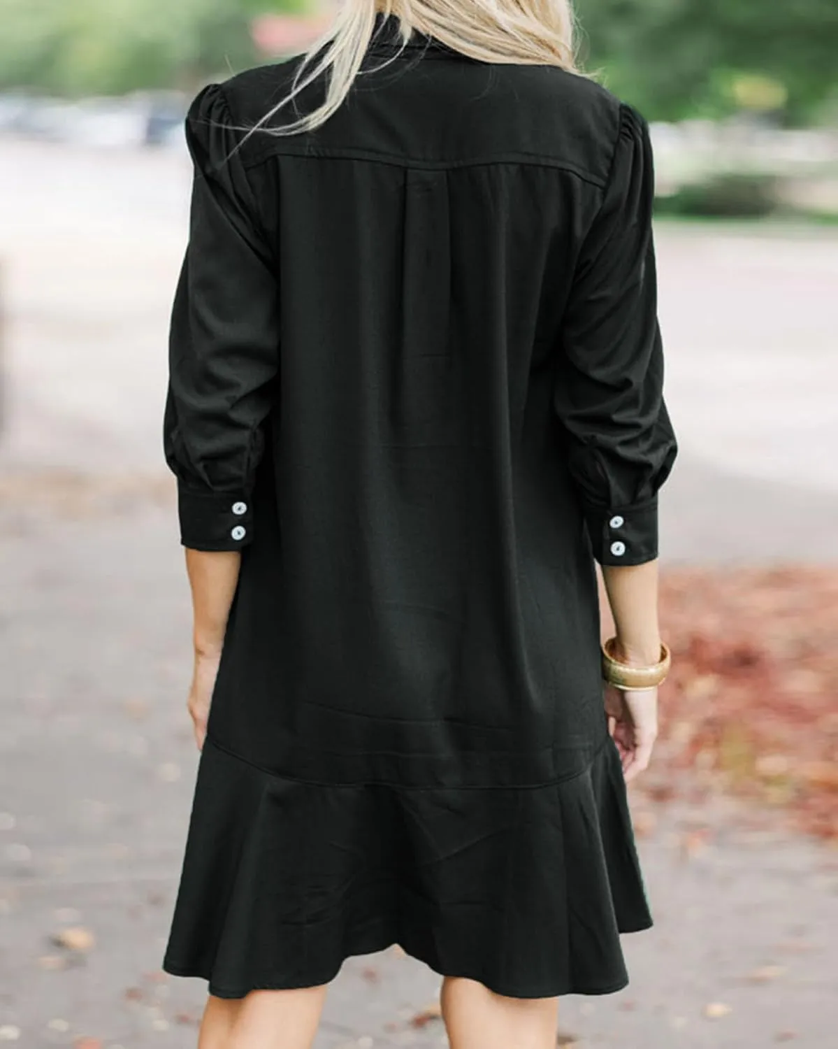 Women's Tunic Mini Shirt Dress Cotton Long Sleeve Ruffle Hem Dress Button Up Shift Chambray Dresses