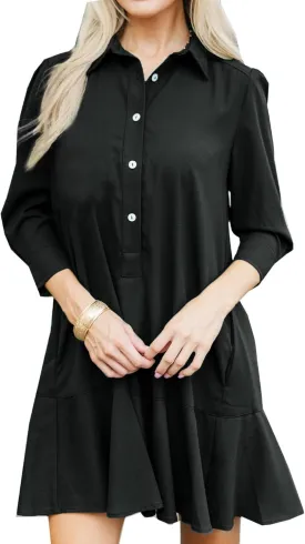 Women's Tunic Mini Shirt Dress Cotton Long Sleeve Ruffle Hem Dress Button Up Shift Chambray Dresses