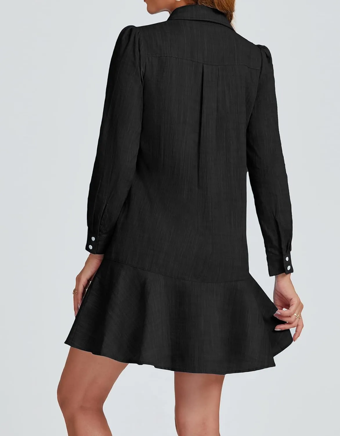 Women's Tunic Mini Shirt Dress Cotton Long Sleeve Ruffle Hem Dress Button Up Shift Chambray Dresses