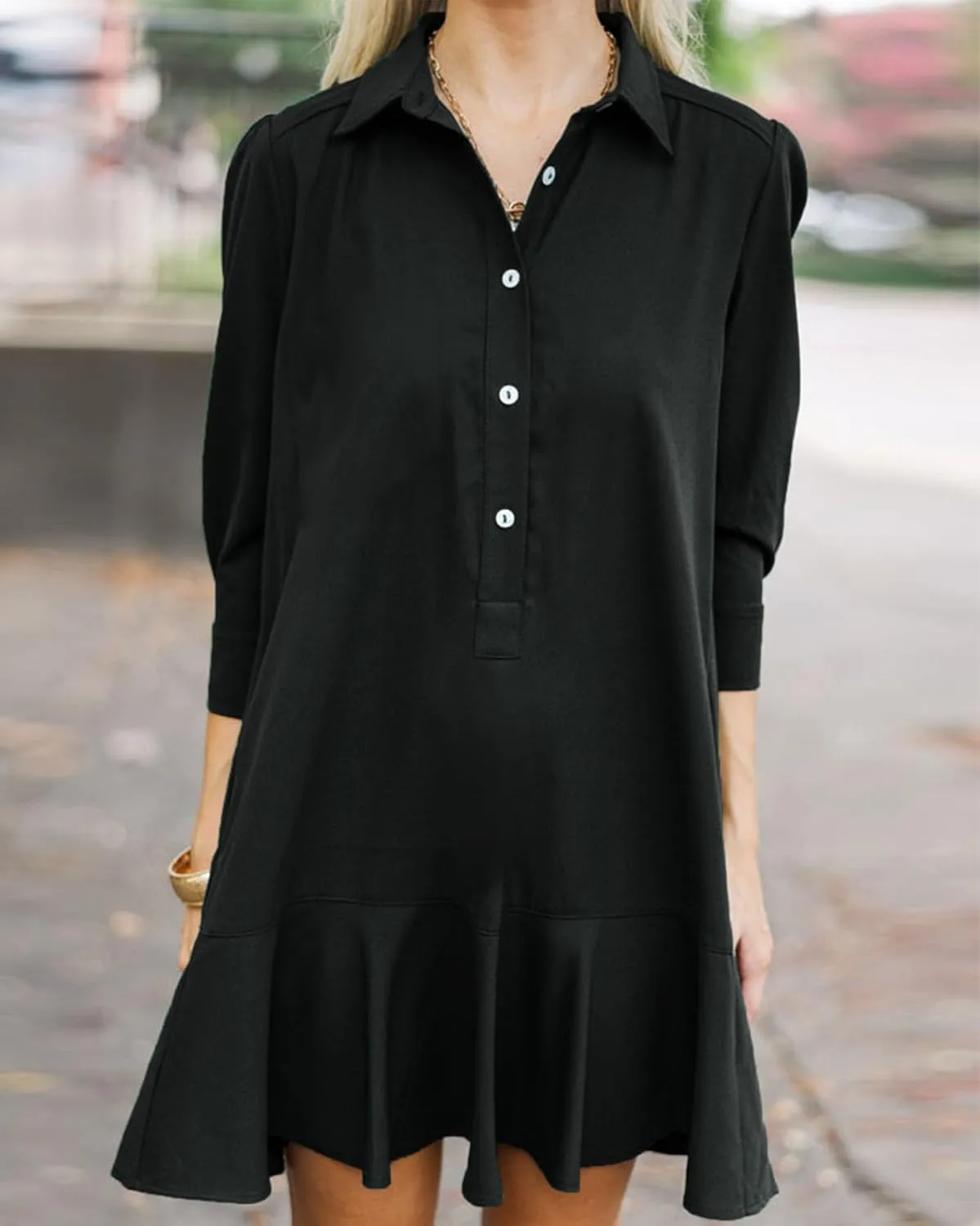 Women's Tunic Mini Shirt Dress Cotton Long Sleeve Ruffle Hem Dress Button Up Shift Chambray Dresses