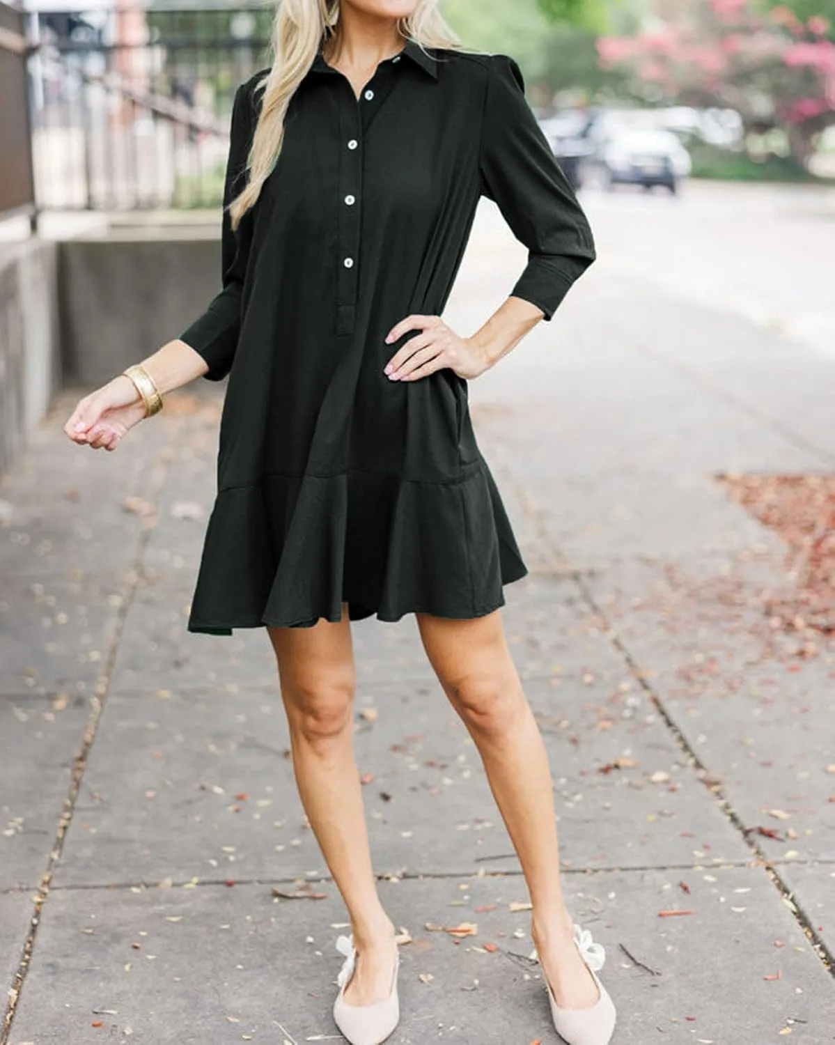 Women's Tunic Mini Shirt Dress Cotton Long Sleeve Ruffle Hem Dress Button Up Shift Chambray Dresses