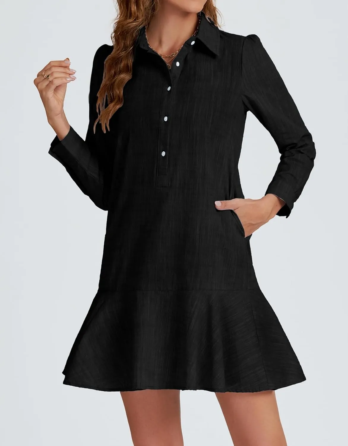 Women's Tunic Mini Shirt Dress Cotton Long Sleeve Ruffle Hem Dress Button Up Shift Chambray Dresses