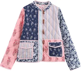 YKR Women's Cropped Quilted Jackets Floral Patchwork Puffer Padded Coat Open Front Lightweight Short Jacket Outwear
