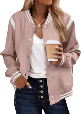 Zeagoo Bomber Jacket Women Varsity Casual Button Down Lightweight Spring Short Outwear with Pockets